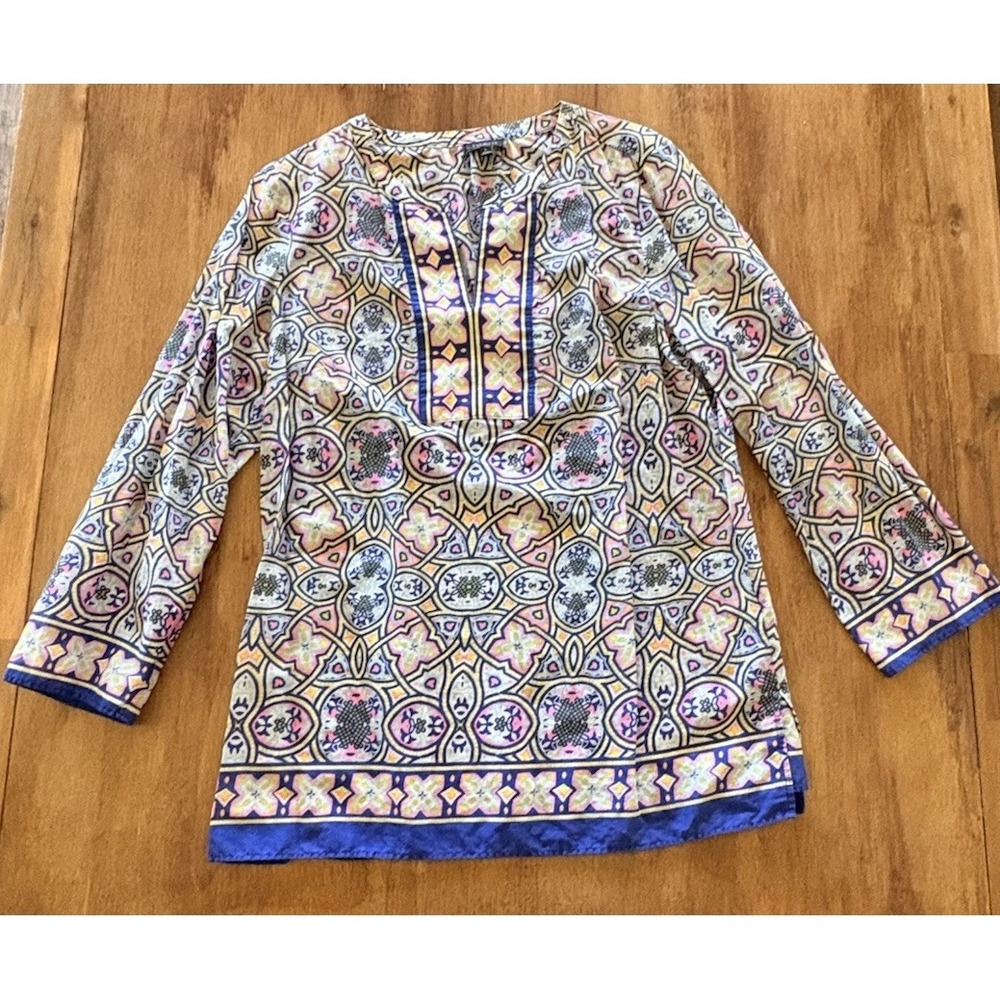 Talbots Fiesta Top Paisley Boho Bright multicolor tie front Peasant Sz L